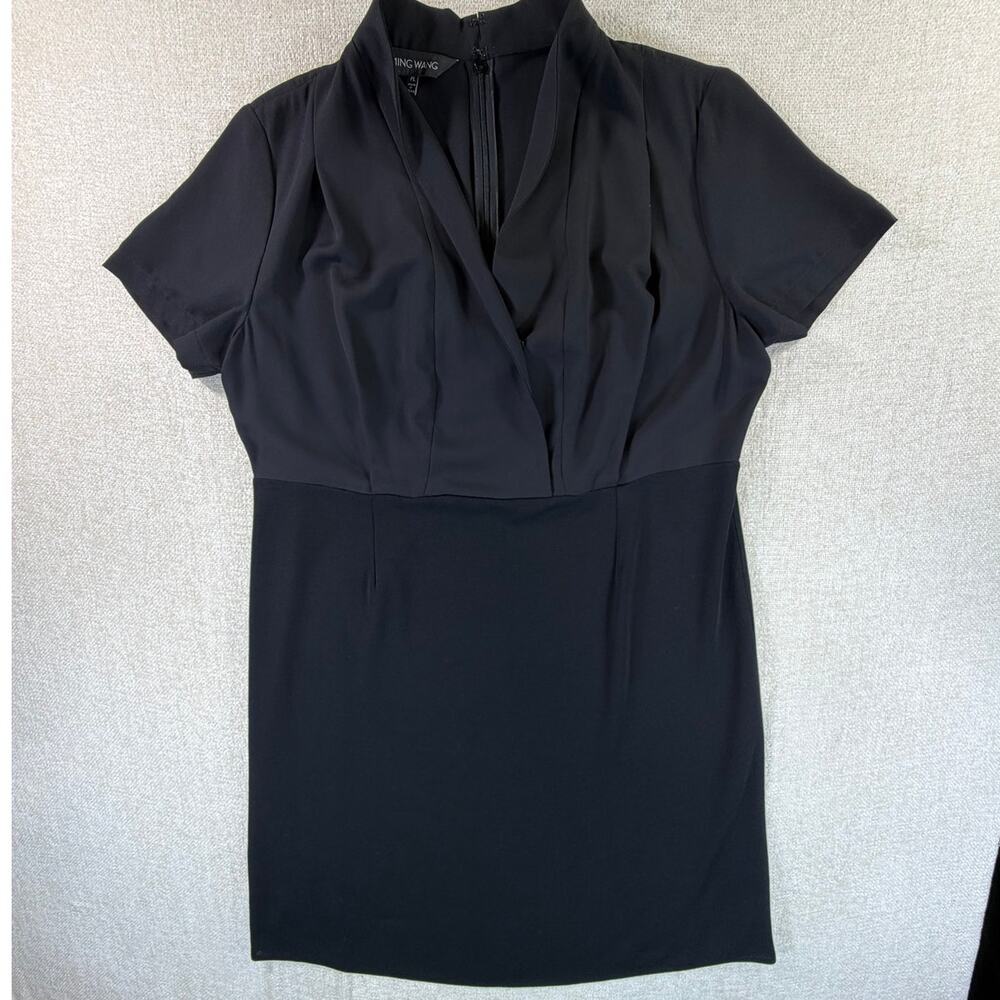 Ming Wang Women Petite Large Black V Neck Short Sleeve Career Knit Dress Classic